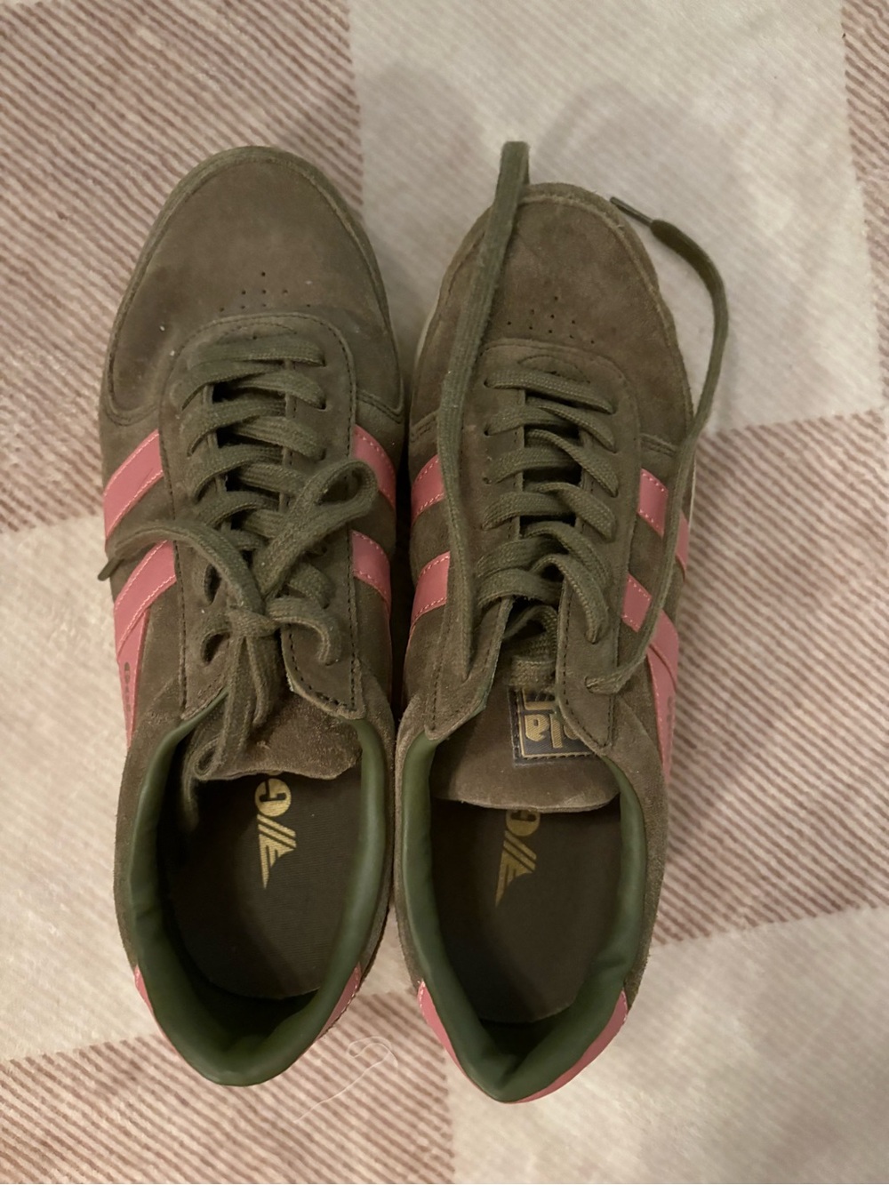 Gola Olive Suede Sneakers with Pink Stripes